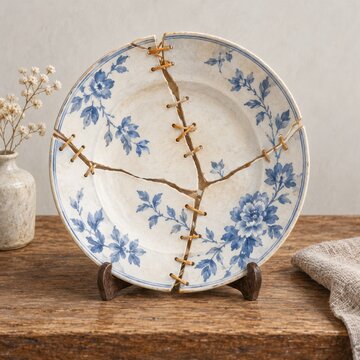Cracked blue floral plate joined with golden staples