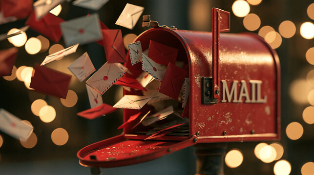Red letters and envelopes flying out of a vintage mailbox with warm festive bokeh lights. Communication and holiday greetings concept.