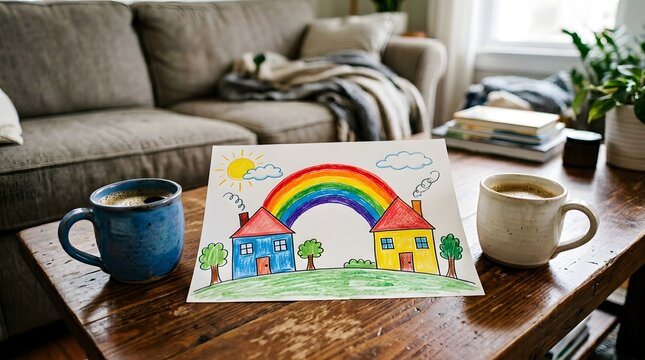 Child drawing of two houses and a rainbow on a wooden coffee table