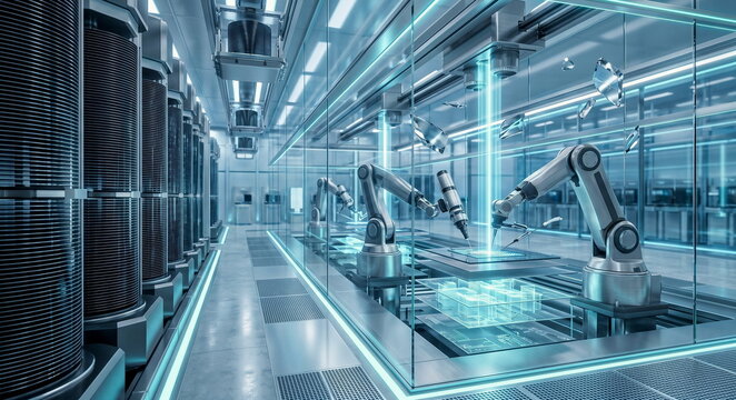 Futuristic semiconductor fab cross section with silicon wafer stacks, chip layers, photolithography beams, and microfabrication arms.