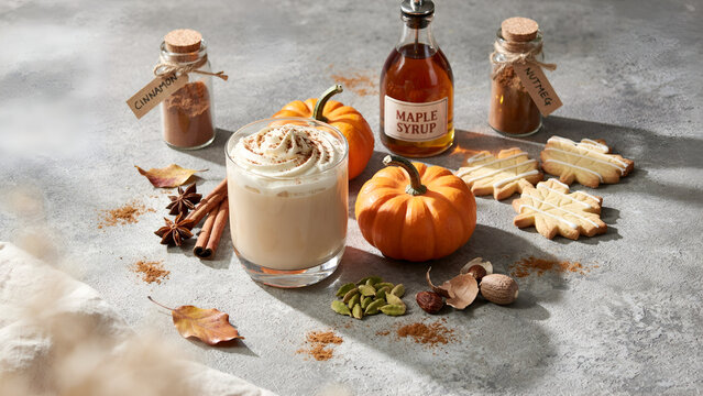 Autumnal pumpkin spice latte served in a glass with maple syrup, cinnamon, nutmeg, and leafshaped cookies on a rustic gray stone background
