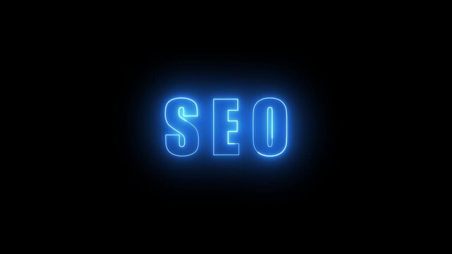 SEO text animation glows with search optimization terms. Digital marketing website traffic analytics guide the SEO text. Online search ranking visibility campaigns feature SEO text.