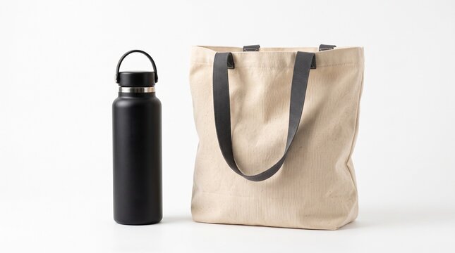 Reusable canvas tote bag and black vacuum insulated water bottle, eco-friendly shopping bag with metal flask, sustainable lifestyle accessories on white background