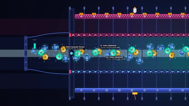 2D educational animation explaining the process of electrodialysis desalination, showing how electric fields and ion-exchange membranes separate sodium and chloride ions from saline seawater