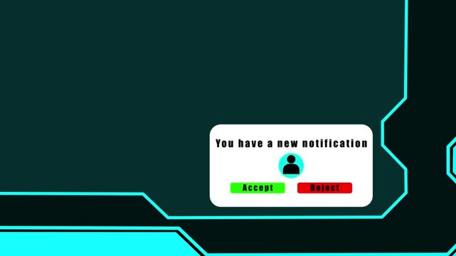 Notification popup animation displays user choice buttons on dark. Interface interaction prompts guide notification popup. Decision workflows use popup animation.