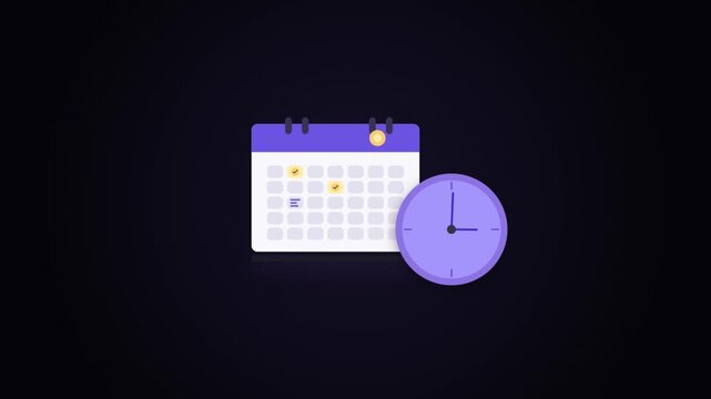 2D Vector Calendar Checkmarks Clock Rotating Hands Time Management Seamless Loop  