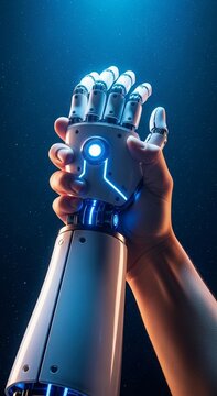 Futuristic Human-Robot Connection, human hand holding a white bionic arm with glowing blue lights ideal for artificial intelligence and future tech themes.