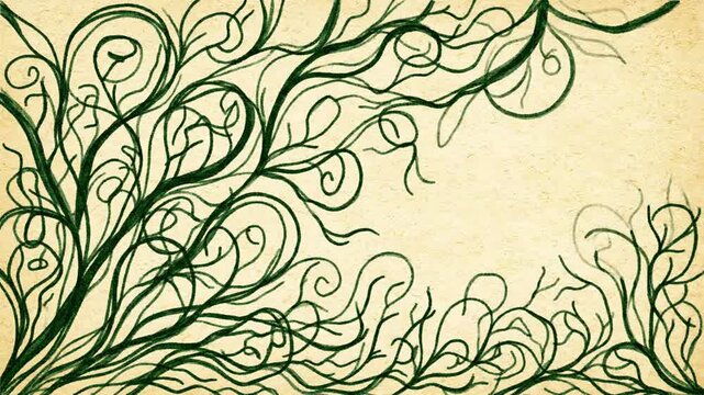 Animated dark green vines growing across a textured vintage parchment paper background in this smooth and elegant motion design video