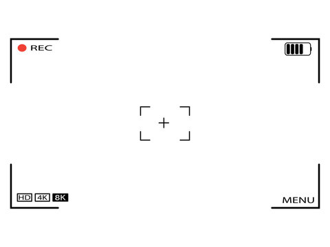 Camera viewfinder frame with REC indicator isolated on white background. Video recording screen overlay with corner brackets, battery, and menu icons design. Interface element for app, film, and video