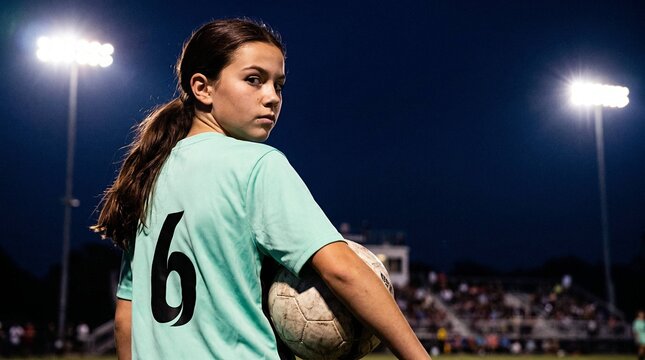Young female soccer player holding ball looking back at night game, youth sports portrait
