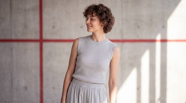 Woman in minimalist grey outfit smiling against concrete wall with red line, fashion portrait
