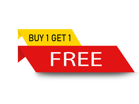 Buy one get one free tag isolated on white background. Yellow and red arrow sticker label with bold sale text in flat design. Promo discount element for shop, sale, and marketing templates.