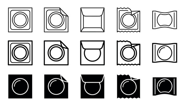 Assorted condom packaging icons in outline and filled styles on a white background for sexual health and safety concepts
