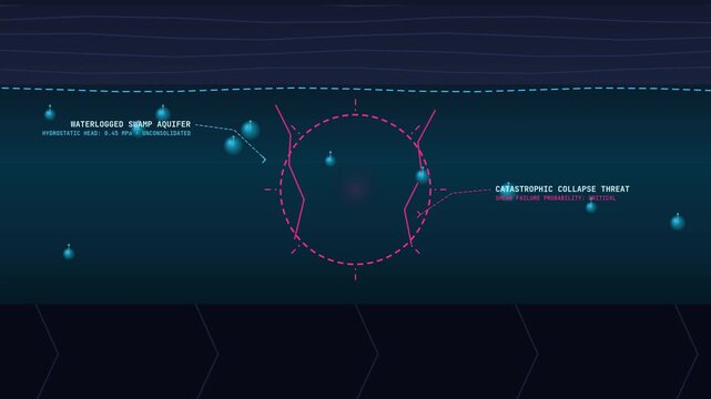 2D animation of artificial ground freezing for underground tunneling showing a perimeter freeze pipe array injecting liquid nitrogen to form an ice vault for safe TBM cutterhead operation