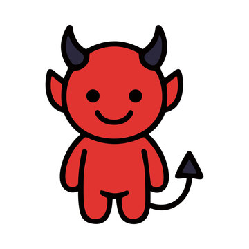 Cute cartoon red devil with horns and a tail smiling