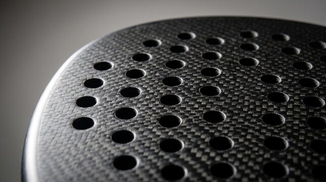 Close-up of a carbon fiber padel racket showing holes and textured weave surface