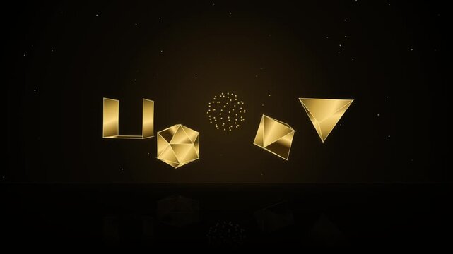 Golden geometric shapes floating in space with starry dots background