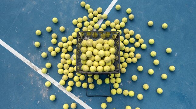 High angle view of a tennis ball hopper with scattered balls on a blue tennis court
