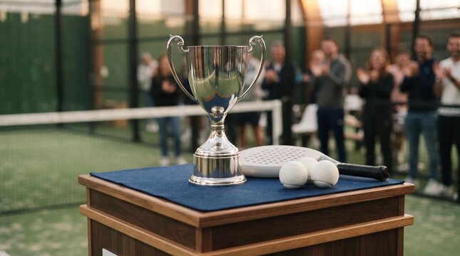 Championship Silver Trophy with Padel Racket and Balls on a Podium with Clapping Spectators in Background