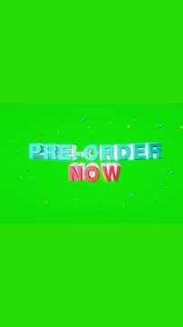 Pre-order now 3D text typography with floating confetti specks against a bright green chroma key motion backdrop