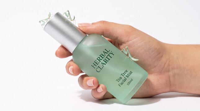 Praying mantises on facial mist bottle held by a hand