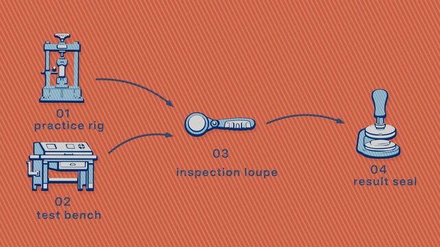 Practice and trade testing converge at inspection into one licence result. Flat 3D style with a printed line screen; objects numbered and labelled in English.