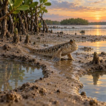 Mudskipper resting on a muddy mangrove shore at sunset