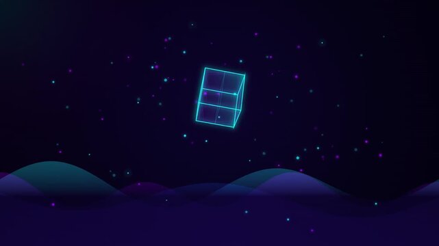 Futuristic glowing geometric cube floating above cosmic wave pattern design