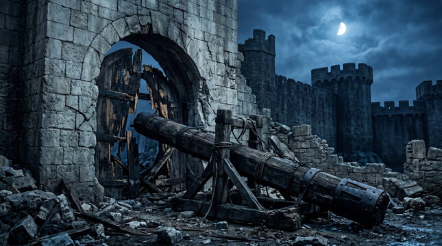 Battering Ram Breaking Castle Gate At Night