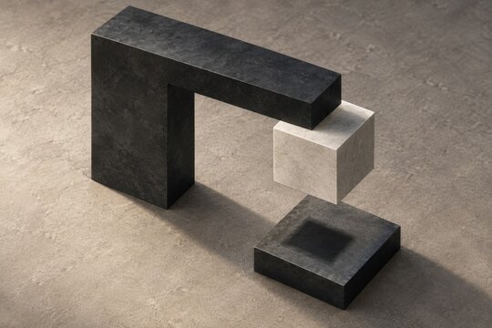 Black angular structure with a suspended pale cube