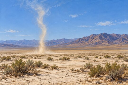 Dust devil rising from a dry desert plain