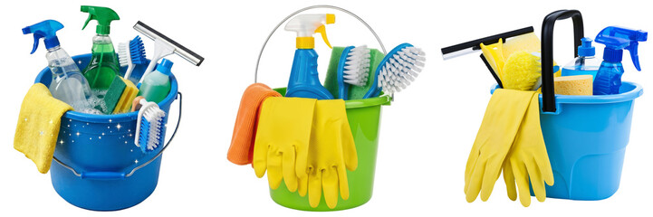 Variety of colorful plastic buckets filled with assorted cleaning supplies and tools for household chores. © Huan