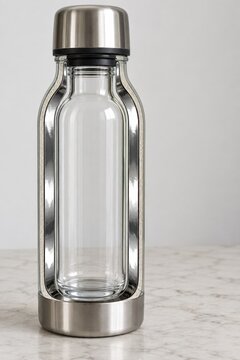 Clear bottle with a metal cap and protective outer frame