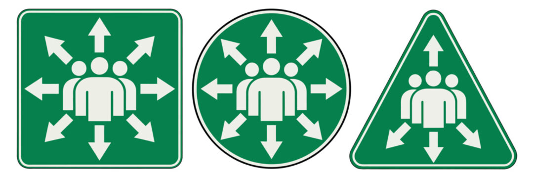 Emergency Assembly Point Sign, evacuation safety symbol, emergency meeting area signage, green directional icon, workplace safety, isolated vector illustration