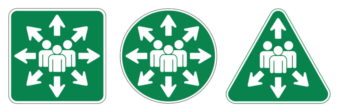 Emergency Assembly Point Sign, evacuation safety symbol, emergency meeting area signage, green directional icon, workplace safety, isolated vector illustration