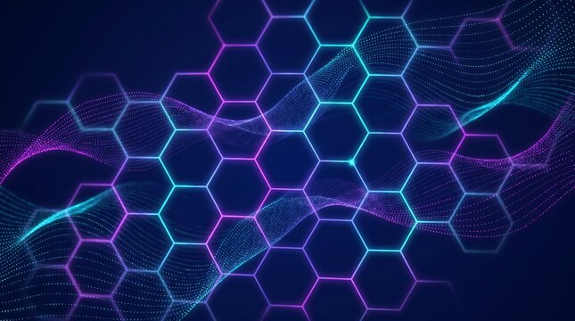 Abstract futuristic blue and purple glowing hexagon molecular grid network background for science and technology