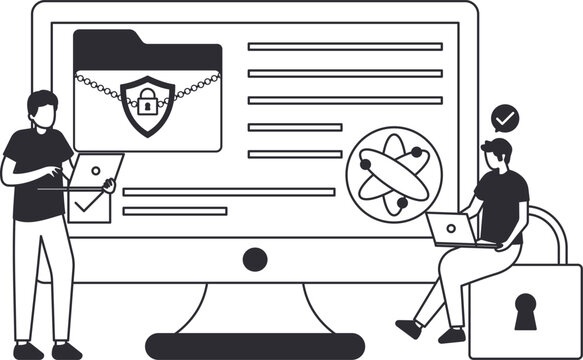 Cyber security data protection with IT specialists managing information security. Network privacy, online safety, secure access, encrypted files, digital technology, cloud computing, computer monitor.