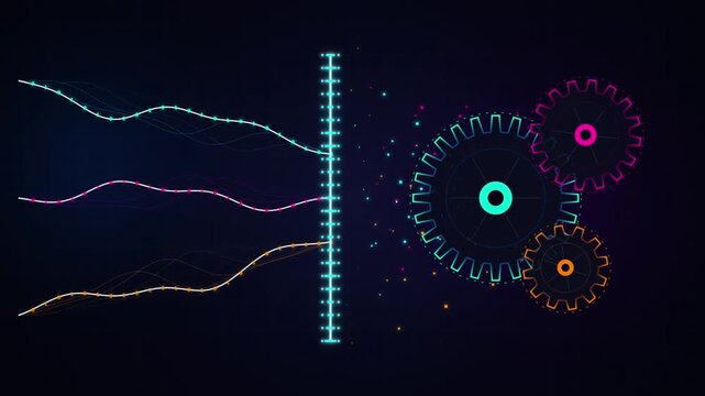 Modern digital illustration showing interconnected gears and data lines on gradient background