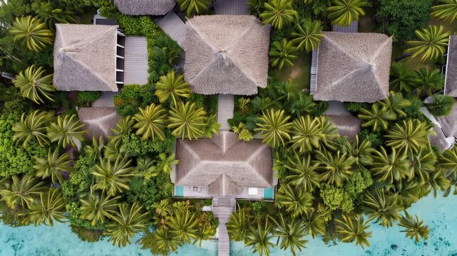 Aerial view of tropical luxury villa featuring tall palm trees, crystal clear turquoise lagoon, and exclusive island resort setting, representing premium vacation and travel, 4K video