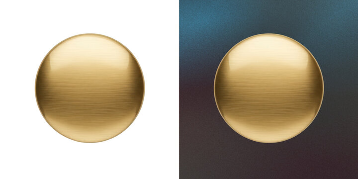 Golden metal circular button with brushed texture on transparent base.