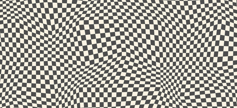 Wavy checkerboard pattern creating a bold optical illusion effect. Retro black and white geometric vector backdrop for psychedelic artwork, posters, album covers and digital graphics.
