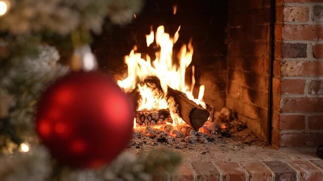 Closeup sequence of a red Christmas ornament on an evergreen tree beside a burning brick fireplace, capturing a festive fireside holiday scene.