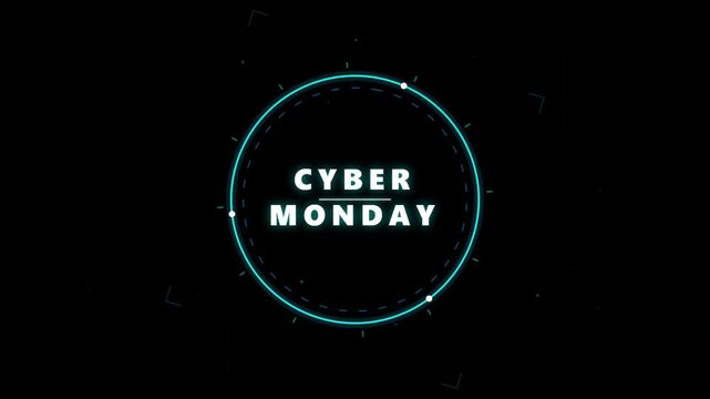 Cyber Monday neon text glowing on black background motion graphic
