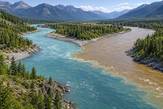 Confluence of turquoise and muddy rivers in a mountain valley