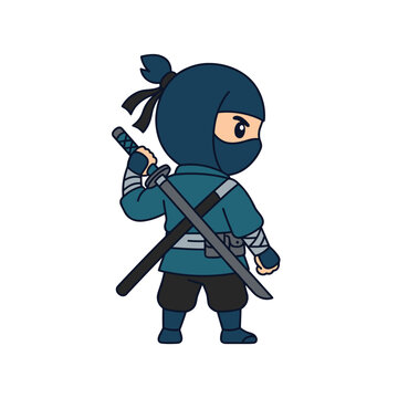 Cute blue cartoon ninja warrior holding a katana sword on white background