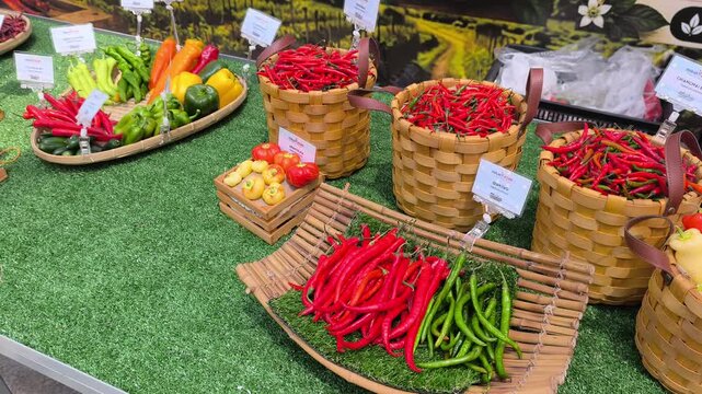 Various chili pepper species are displayed in open containers on a table. Each variety is clearly labeled with its name, making it easy for exhibition visitors to identify them.