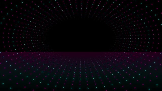 3D Neon Tunnel Cyan Magenta Glowing Particle Rings Seamless Loop