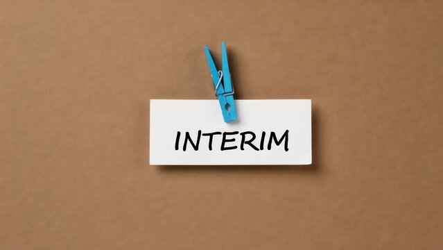 Interim word written on a paper card held by a blue clothespin on brown background