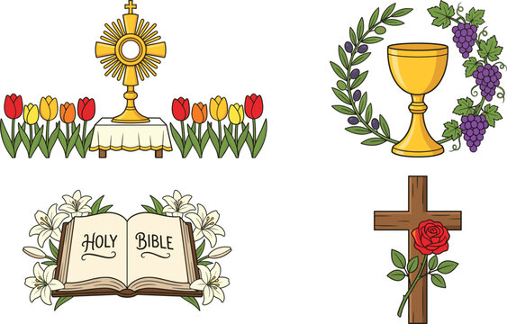 Christian religious vector illustration set with holy bible cross monstrance and eucharistic communion chalice