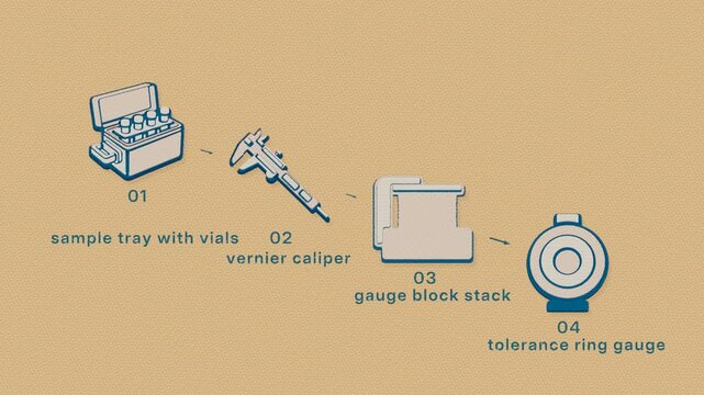 Sampling records lift a specimen, measure it against gauge blocks, and document a declining result for batch review. Flat 3D style printed from two plates; objects numbered and labelled in English.